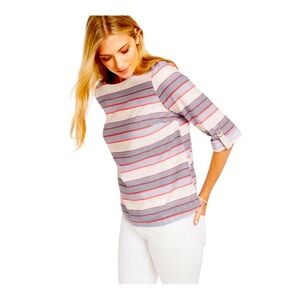Charter Club Womens Mediun Blue Coral Striped Linen Blend 3/4‎ Sleeve Top
